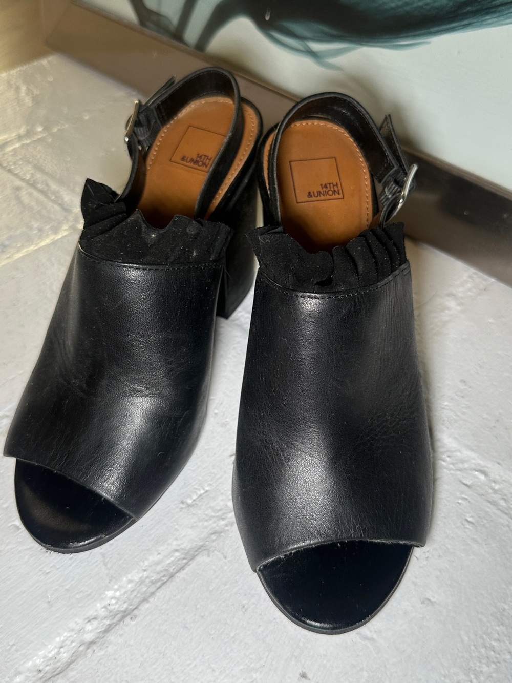14th & Union Black Leather Open-Toe Ruffle Slingback Mules
